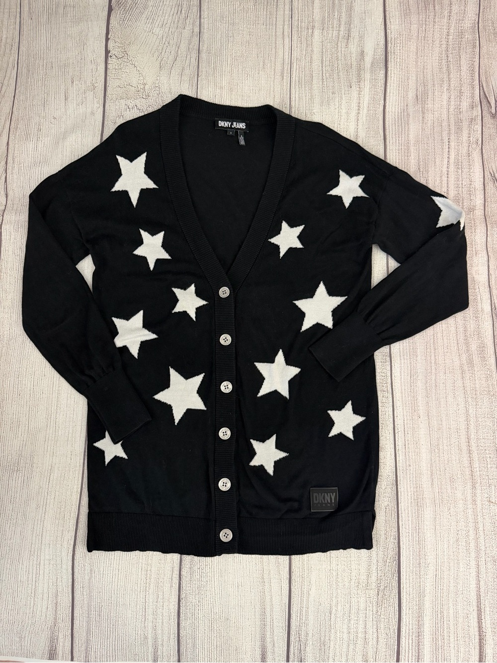 DKNY JEANS Women’s Button Down Cardigan Sweater Black w/White Stars Size Small